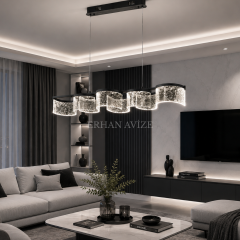 EASD-469-Y Siyah Modern Dalga Camlı LED Yemek Masası Avizesi