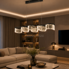 EASD-469-Y Siyah Modern Dalga Camlı LED Yemek Masası Avizesi