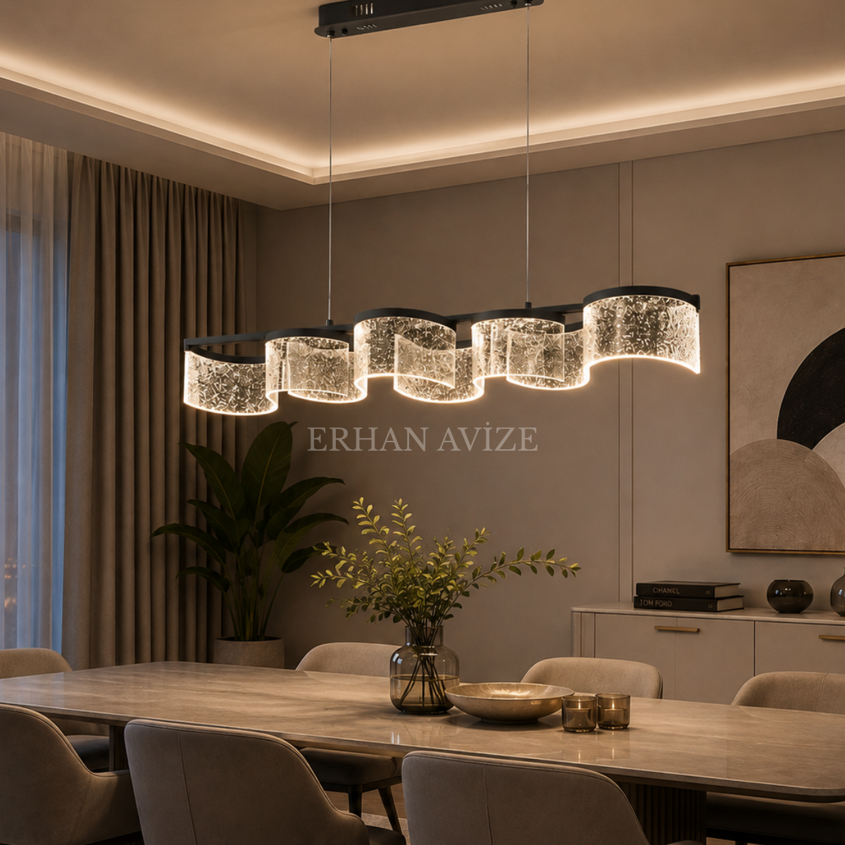 EASD-469-Y Siyah Modern Dalga Camlı LED Yemek Masası Avizesi
