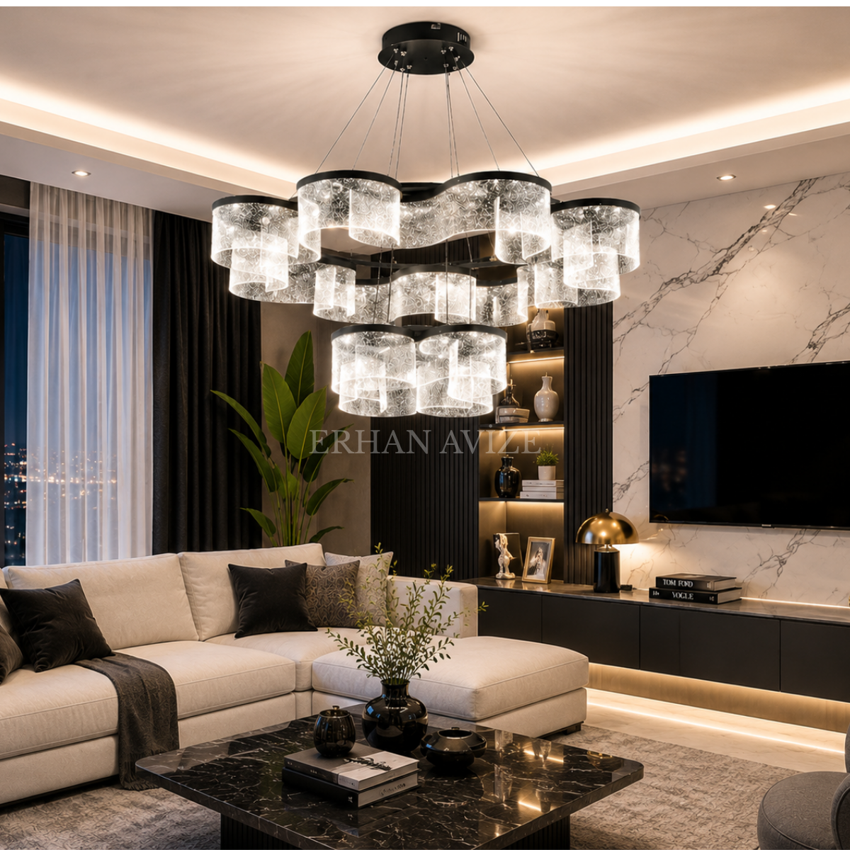 EASD-469 2’li Siyah Modern Dalga Camlı LED Avize