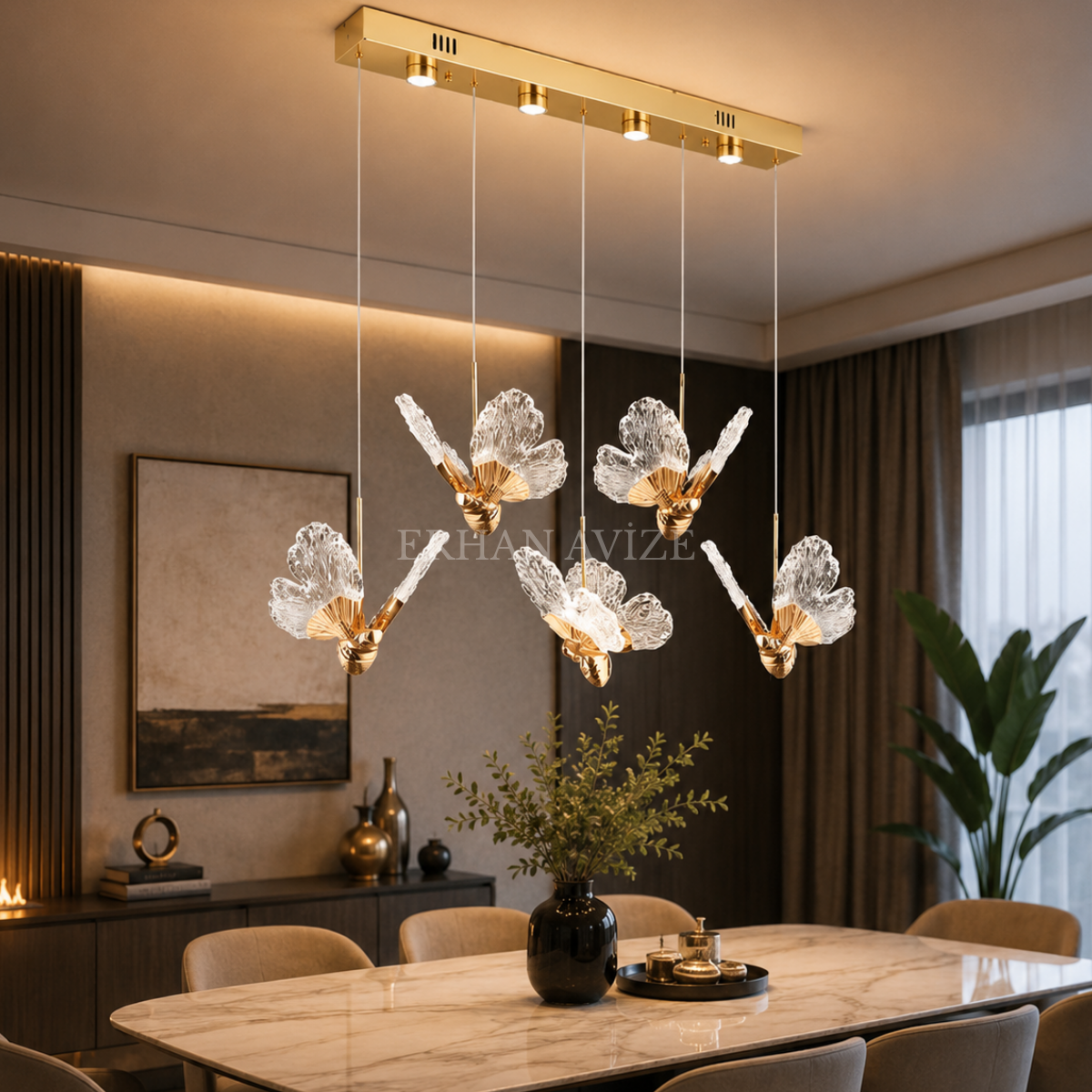 EASD-433 5'li Sıralı Gold Kelebek Yemek Masası LED Avize