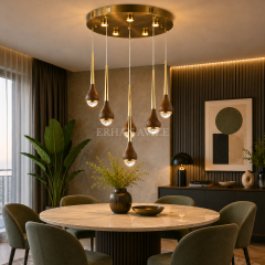 EAPD-189 6’lı Ahşap Gold Modern LED Avize – 50 cm